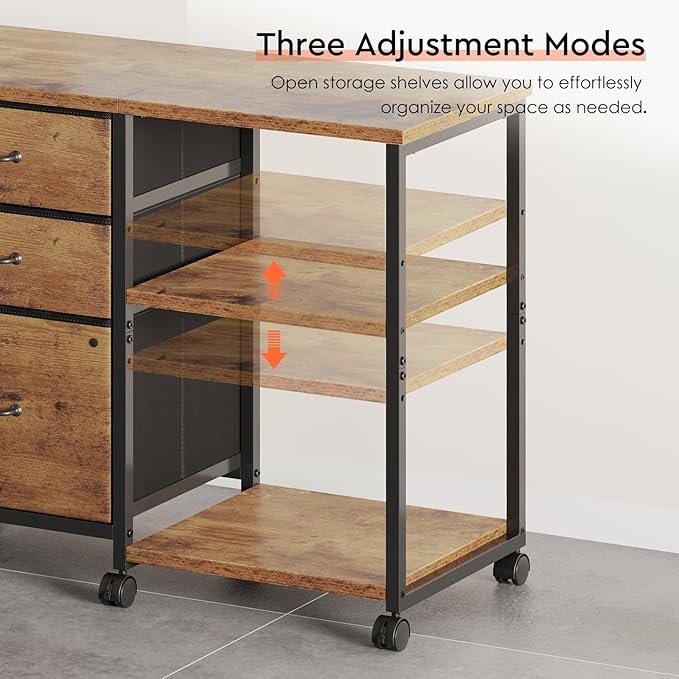 3 Drawer File Cabinet with Wheels Rolling Printer Stand with Open Storage Shelf Fabric Lateral Filing Cabinet for Home Office,Rustic Brown2