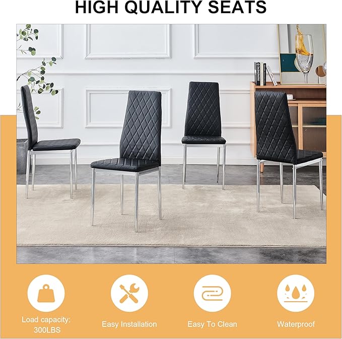 Modern Minimalist Dining Chair Fireproof Leather Sprayed Metal Pipe Diamond Grid Pattern Restaurant Home Conference Chair Set of 4 Or 6 (6, Jet Black)