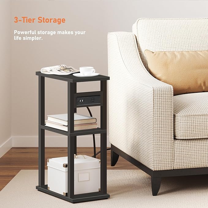 TUTOTAK Small Narrow Side Table with Charging Station, Skinny End Table for Small Spaces, Slim Nightstand with USB Ports and Outlet, Sofa Beside Table with Wheels, Black TB01BK046