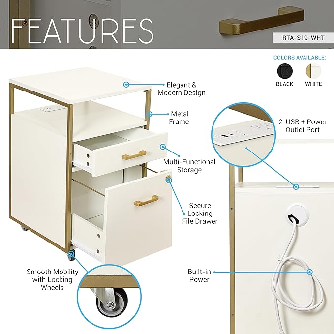 Modern 2-Drawer Rolling File Cabinet with Lock, 2 USB Ports and Power Outlet for Device Charging, Portable File Organizer or Printer Stand for Office or Home with Locking Wheels, White & Gold