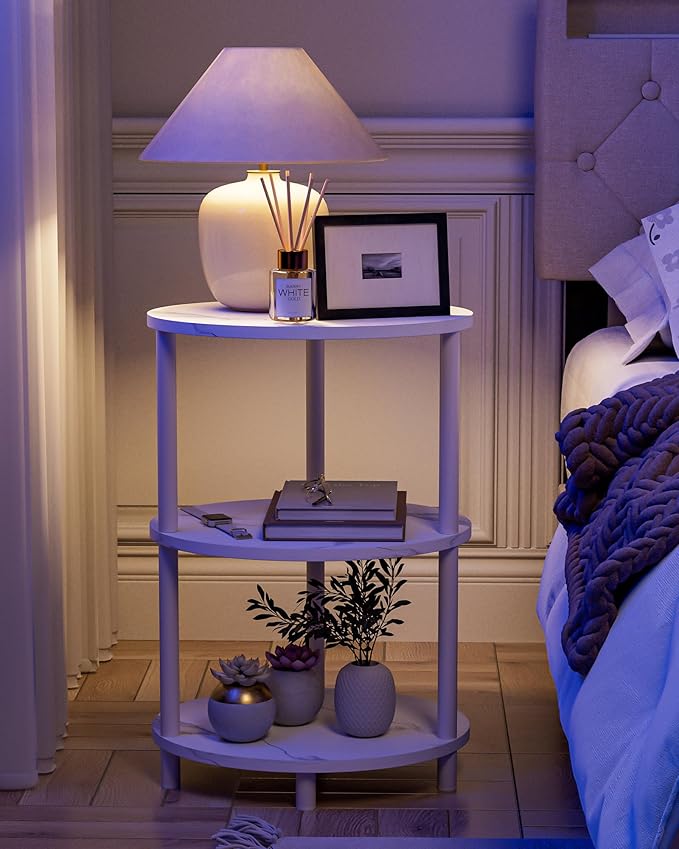 Small Round Side Table - 3-Tier Oval Accent Table for Small Spaces, Rustic Wood and Metal Couch End Table, Nightstand for Bedroom or End Table Living Room, Set of 2, Marble White