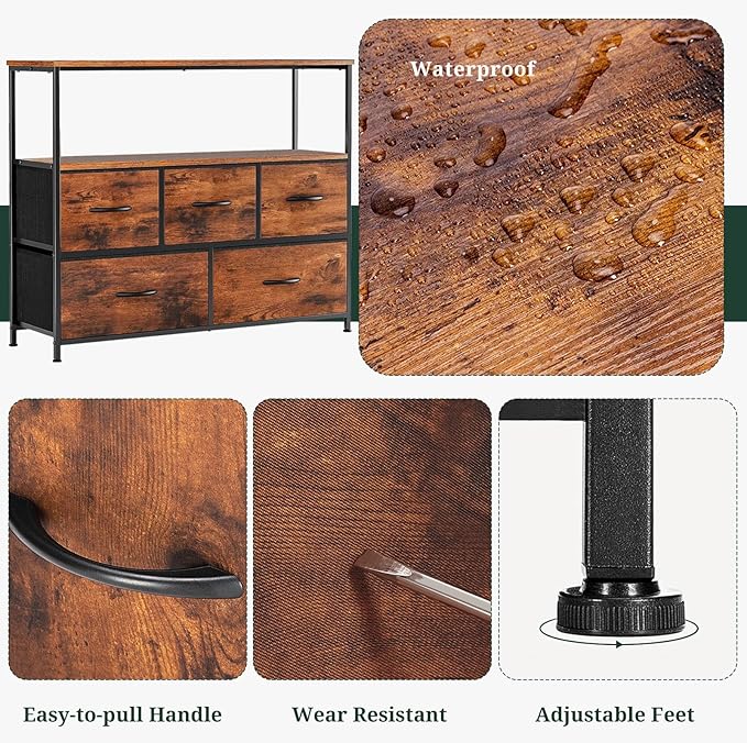 TV Stand, 5 Fabric Drawers Dresser Entertainment Center for TV up to 45 inch Wooden Media Console Table Storage Organizer with Open Shelf, for Living Room, Bedroom, or Small Space, Brown