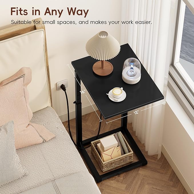 Vagusicc C Shaped End Table with Charging Station, 33" Tall Side Table for Couch, C Table Adjustable Height Small Couch Side Tables, Slide Under Sofa Table TV Tray Tables for Living Room,Bedroom,Black