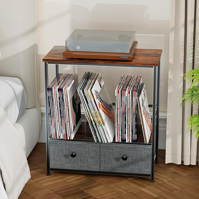 Record Player Stand with Vinyl Storage, 2-Tier Record Shelf Table with Fabric Drawer, Holds Up to 110 Vinyl Records, Record Player Table for Turntable and Albums, 23.62"D × 11.81" W× 25.59"H