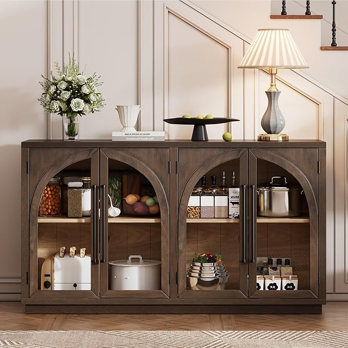 Merax Wood Farmhouse Buffet Sideboard with Adjustable Shelves and 4 Glass Doors, Coffee Bar Cabinet TV Stand for Living Room Bedroom Kitchen Espresso
