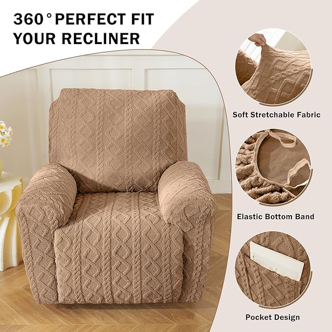 vctops 4 Pieces Geometric Jacquard Plush Recliner Slipcovers Soft Fuzzy Fluffy Sofa Couch Cover Anti-Slip Furniture Protector with Elastic Bottom for Kids Cats Dogs(Brown,1 Seat)
