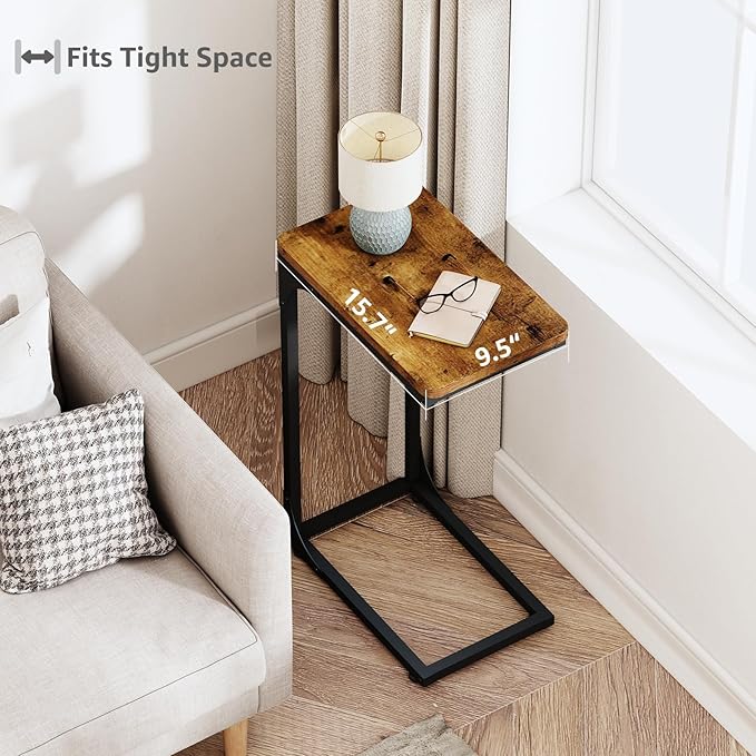 QEEIG Narrow C Shaped Side Table Set of 2 Living Room Sets Slim Couch Tray Tables Skinny Thin Small Farmhouse 9.5 inch Width, Rustic Brown (017-24BN)