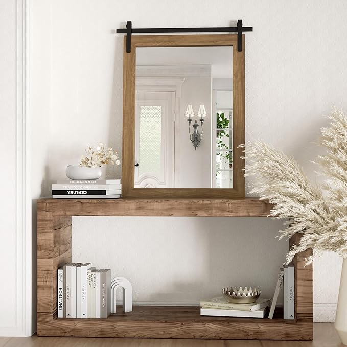 Farmhouse Bathroom Mirror, Brown Rustic Vanity Mirror Wood Framed Decrative Mirrors, Barn Door Style Decor Entryway Bedroom 22x30INCH Horizontal