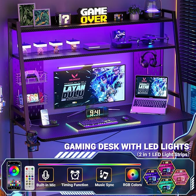 Gaming Desk with Hutch and LED Lights, Gaming Computer Desk with Power Outlets, Gamer Desk with Storage Shelves, PC Game Desks with Pegboards, for Bedroom, Carbon Fiber Black, 49"