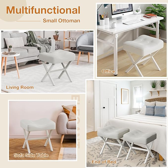 18-Inch Large Leather Vanity Stool, Vanity Chair with Metal X-Leg, Ottoman Foot Stool with Thick Padded Saddle Seat, White