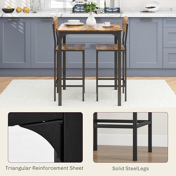 HOMCOM 3-Piece Counter Height Bar Table with Space-Saving Design, Square Kitchen Table and Chairs Set with Footrest, Metal Legs, Industrial Dining Table Set for 2, Rustic Brown and Black