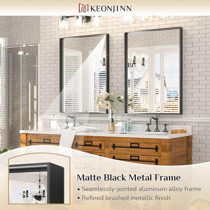 Keonjinn Black Bathroom Mirror 22 x 30 Inch, Brushed Black Framed Mirror for Over Sink, Rectangle Wall Vanity Mirror with Square Corner, Alumium Frame