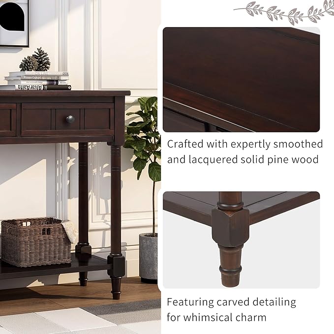 Merax Modern Wood Narrow Console Table for Entryway Hallway Front Door SideTable with Drawers and Bottom Shelf Espresso