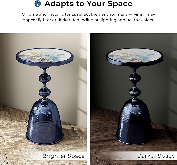HOMES: Inside + Out Halric Modern 24" Tall Round End Table with Decorated Tabletop and Iron Metal Base, Accent Furniture, Elegant Pedestal Stand for Living Room, Home Office, Chrome Blue