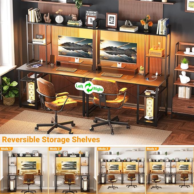 Cyclysio Gaming Desk with Hutch, 39'' Computer Desk with LED Lights & Power Outlets, Home Office Desk with Reversible 5 Tiers Storage Shelves & Monitor Stand, Small Gaming Table for Small Space, Black