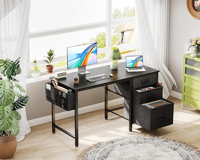 Casaottima 40" Small Computer Home Office Desk for Bedroom with Fabric Drawers & File Cabinet, Cloth Storage Bag and Hook, Writing Study Work Table for Small Space, Black
