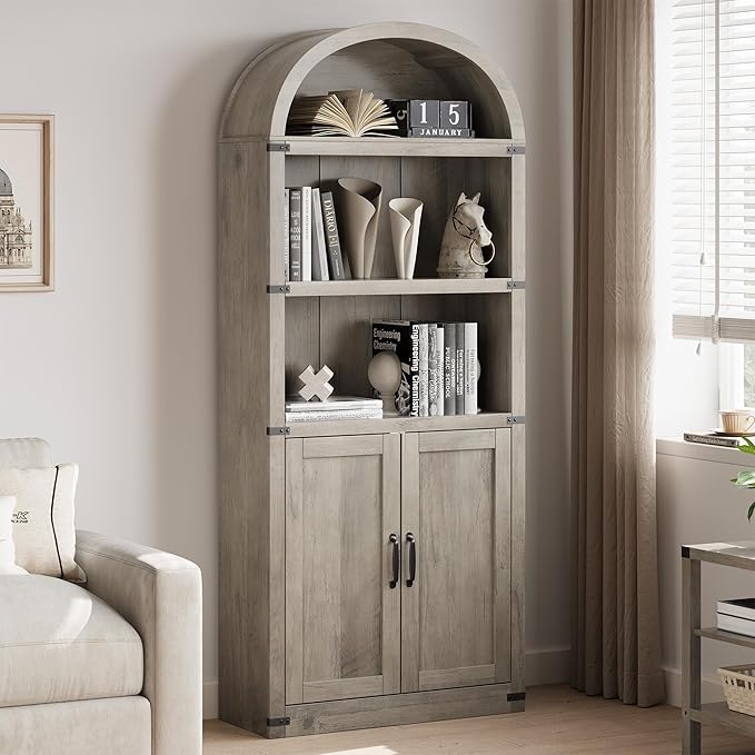 Garveehome Bookcase with Doors Arched Bookshelf 71.65in Tall Bookcase Farmhouse Cabinet with Shelves Wooden Bookshelves for Home Office, Living Room