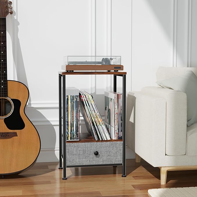 Record Player Stand with Vinyl Storage, 2-Tier Record Shelf Table with Fabric Drawer, Holds Up to 60 Vinyl Records, Record Player Table for Turntable and Albums, 15.75"D × 11.81" W× 25.59"H