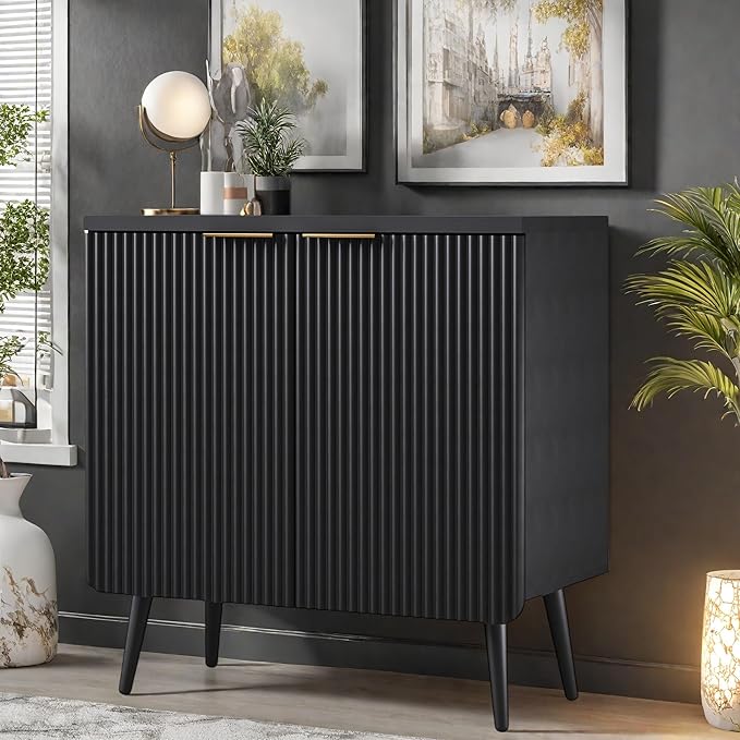 Buffet Cabinet, Sideboard Fluted Cabinet Modern Kitchen Buffet Storage Cabinets with Doors and Shelves, Wood Farmhouse Coffee Bar Station for Entryway & Dining Room & Living Room, Black