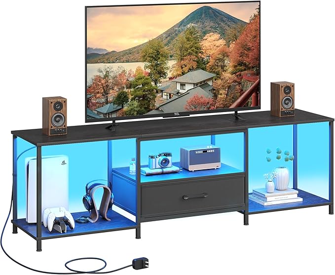 TV Stand with LED Lights, Entertainment Center with Open Shelves and Fabric Drawer, Media Console for 75 Inch TV, Television Stands for Living Room, Bedroom, Black