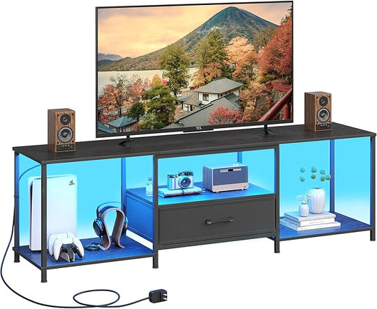 TV Stand with LED Lights, Entertainment Center with Open Shelves and Fabric Drawer, Media Console for 75 Inch TV, Television Stands for Living Room, Bedroom, Black