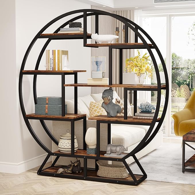 Tribesigns Bookshelf, Round Bookshelves Etagere Bookcase, 63 Inch Industrial Wood Book Shelf with Staggered Shelves, Rustic Open Shelving Organizer Rack Display Shelf for Home Office, Living Room