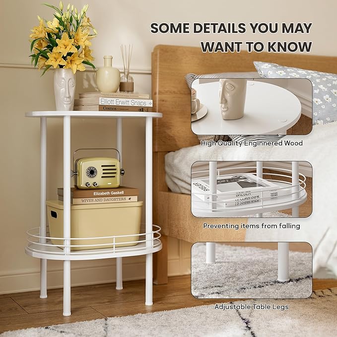 Round Side Table Set of 2,Bedside Table with Storage, Morden Round Nightstand, Samll Side Table for Living Room，Bathroom，Bedroom, Nursery, Laundry, White