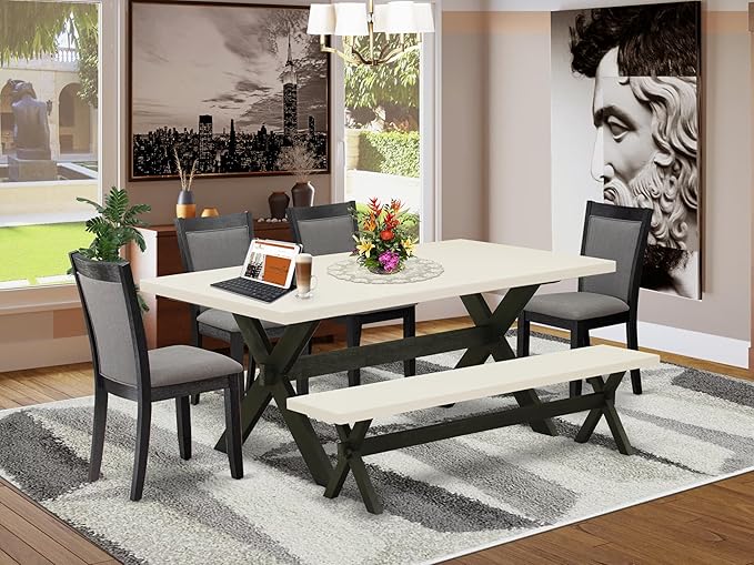 East West Furniture X627MZ650-6 6 Piece Dining Table Set Contains a Rectangle Kitchen Table and 4 Dark Gotham Grey Linen Fabric Parson Chairs with a Bench, 40x72 Inch, Multi-Color