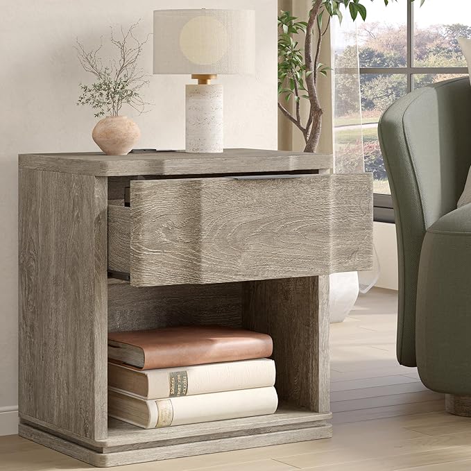Night Stand with Charging Station, Wooden Mid Century Modern Nightstand with Drawer, Bed Side Table with Storage, Large Rustic Farmhouse End Tables for Bedroom Living Room Office