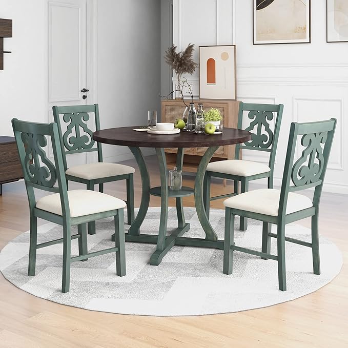 Merax 5 Piece Round Dining Table Set 4 Retro Chairs with Special-Shaped Table Legs, Exquisitely Designed Hollow Chair Back for Dining Room, Antique Blue