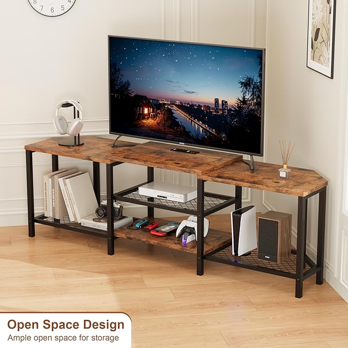 GarveeHome 67 Inch Large TV Stand with LED Lights for 55/65/75 Inch TV, Corner Entertainment Center with Power Outlets, 4 Open Storage Shelves, Media Console for Living Room, Bedroom, Vintage Brown