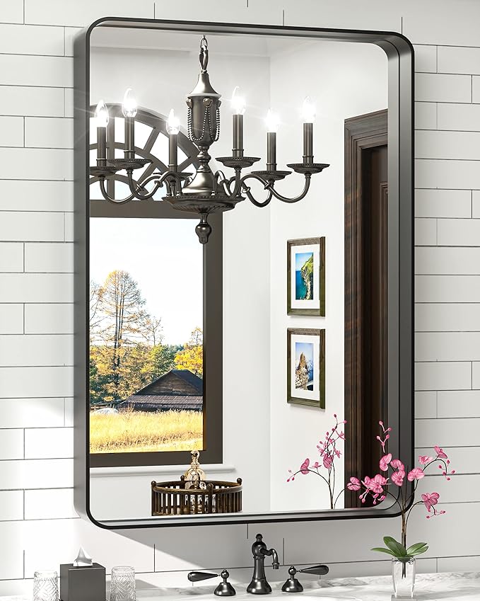 TokeShimi 24 x 36 Inch Black Mirror Wall Mirror for Bathroom Black Metal Frame Decorative Rectangular Wall Mounted Home Decor Corner Hangs (Horizontal/Vertical)