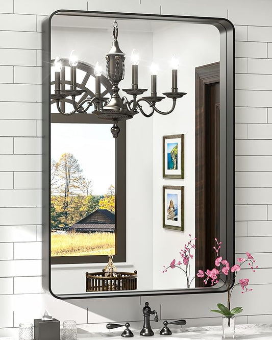 TokeShimi 24 x 36 Inch Black Mirror Wall Mirror for Bathroom Black Metal Frame Decorative Rectangular Wall Mounted Home Decor Corner Hangs (Horizontal/Vertical)