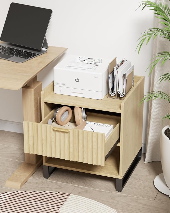 Fluted Night Stand with Charging Station, Wood Nightstand with Large Drawer and Open Storage Cabinet, Mid-Century Modern Bedside Table End Table for Bedroom Closet Office