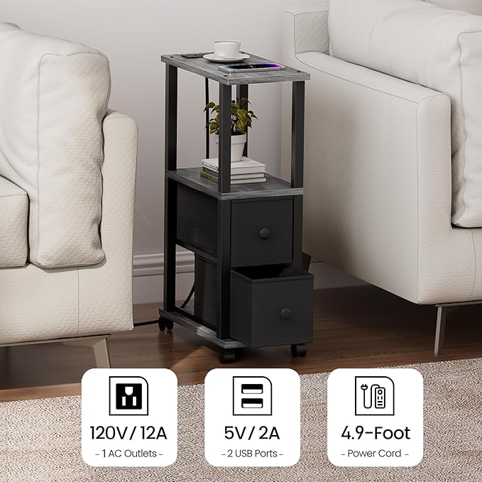 TUTOTAK Small Narrow End Tables, Side Tables with 2 Fabric Drawers, Set of 2, Bedside Tables with Charging Station for Small Spaces, Slim Nightstands with USB Ports and Wheels, TB01BY053
