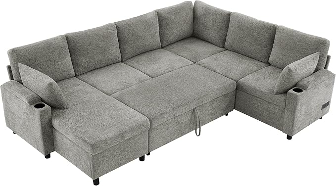Eafurn Oversized U Shaped Sectional Sleeper Sofabed Pull Out Couch Bed for Living Room 6 Seater Upholstered Convertible Pullout Lounge Sofa Couch w/Storage Chaise, USB Ports for Living Room Apartment