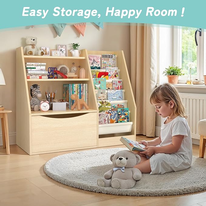 TOETOL 3 Tier Kids Bookshelf and Book Storage，6 Sling Toddler Bookshelf, Storage Boxes Book Shelf & Organizer for Nursery Playroom Classroom Library Bedroom Natural Wood