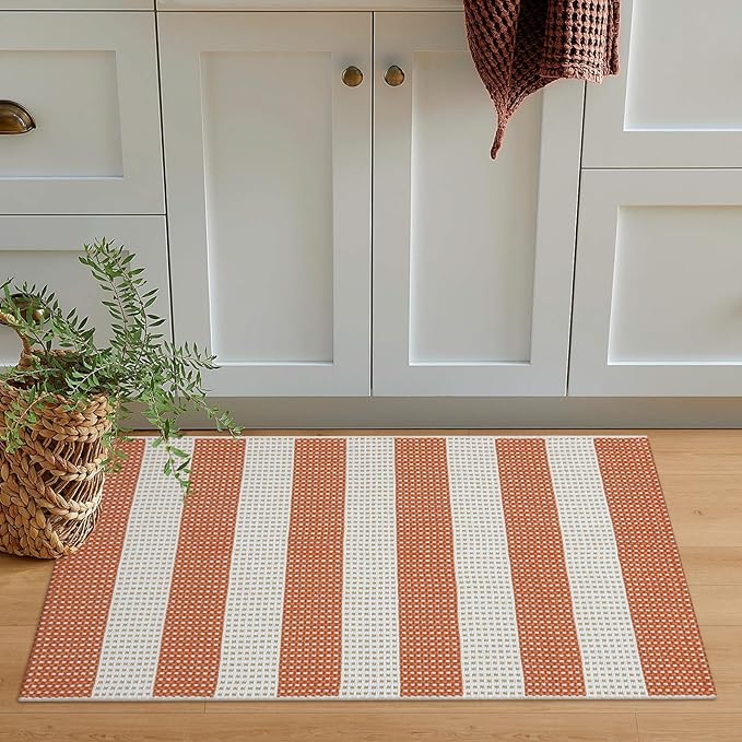 OJIA Fall Front Door Mat 24"x36" Cotton Woven Washable Striped Porch Rug Indoor Halloween Doormat Small Outdoor Rugs Farmhouse Entry Rug Kitchen Throw Rugs for Layered Door Mats (Orange/White/Tan)