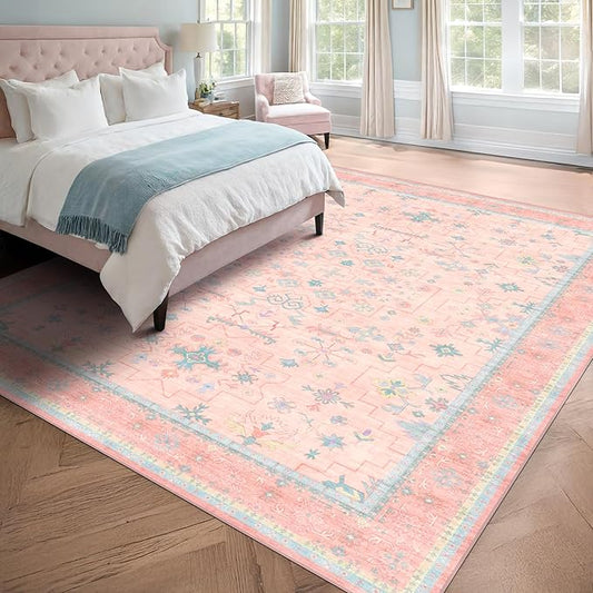 Washable Pink and Blue 6x8 Boho Rugs for Bedroom Girls, Living Room Kids Playroom Nursery Room, Modern Floral Distressed Design, Soft Low Pile Non Slip Stain Resistance Carpet