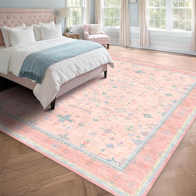 Washable Pink and Blue 8x10 Oushak Rugs for Bedroom Girls Dorm Living Room, Modern Floral Aethestic Distressed Design, Soft Faux Wool Low Pile Non Slip Stain Resistance Carpet