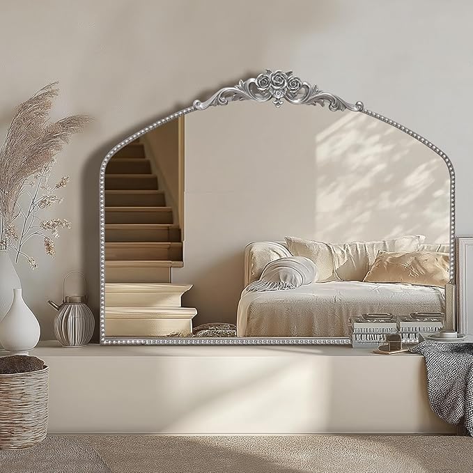 AIXI HOME Silver Arched Mirror, 40" x 30" Traditional Vintage Antique Mantel Mirror with Ornate Metal Frame, Baroque Wall Mounted Mirror for Entryway/Fireplace/Hallway/Bathroom/Living Room/Bedroom