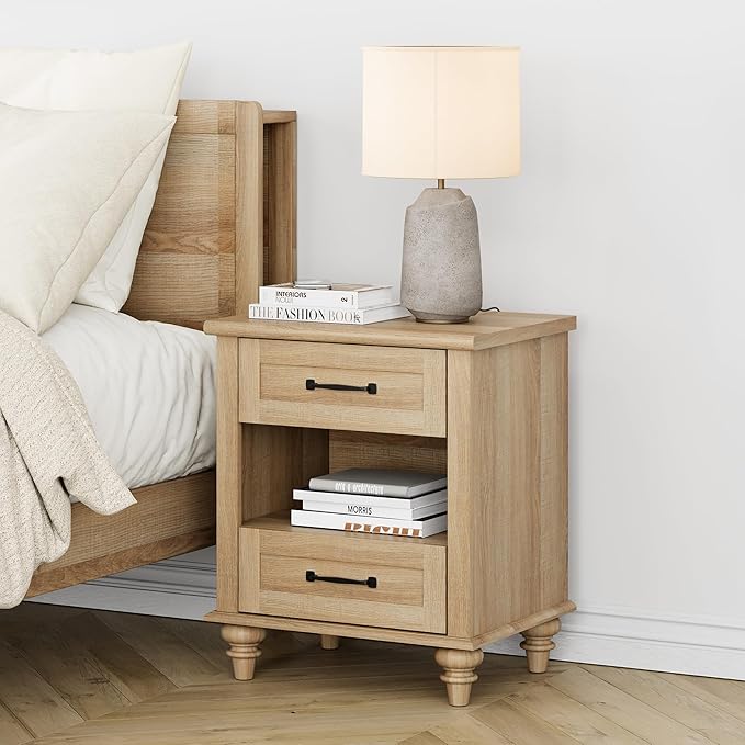 WAMPAT Set of 2 Oak Nightstands Side Tables with Charging Station, Farmhouse End Table with 2 Drawers & Shelf for Living Room, Light Wood Night Stand Bedside Table for Bedroom