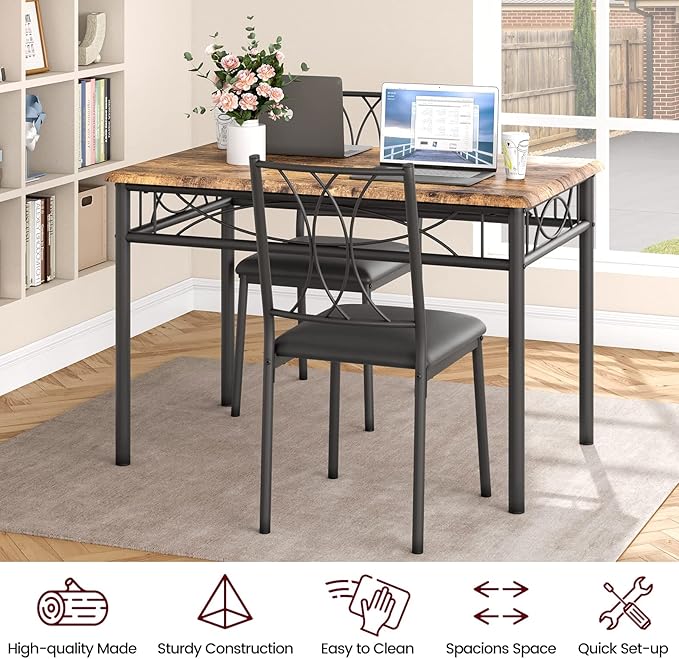 GAOMON Dining Table Set for 4, Rectangle Kitchen Table with 4 Upholstered Chairs Set for 4, 5-Piece Compact Apartment Kitchen & Dining Room Set Furniture for Small Spaces, Space-Saving, Rustic Brown