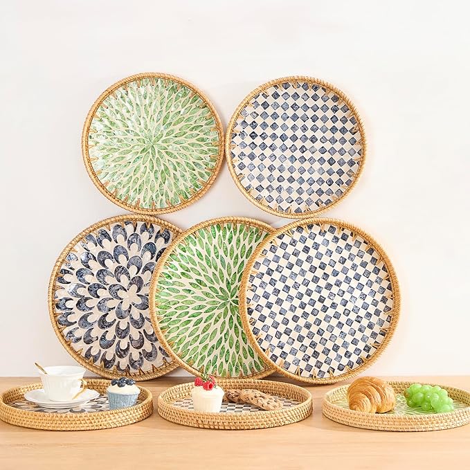 Round Rattan Tray with Mother of Pearl Inlay, Rattan Serving Tray with Wooden Base, Decorative Wicker Basket for Table Decor, Storage and Display of Coffee Bread Food Fruit (Checkerboard 13.5")