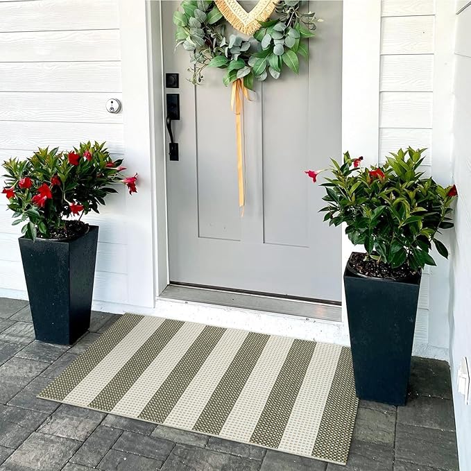 OJIA Fall Front Door Mat 24"x36" Halloween Doormat Striped Porch Rugs Checkered Rug Washable Entry Rug Woven Cotton Indoor Outdoor Rug Small Area Rug for Kitchen Entryway Patio (Green/White/Tan)