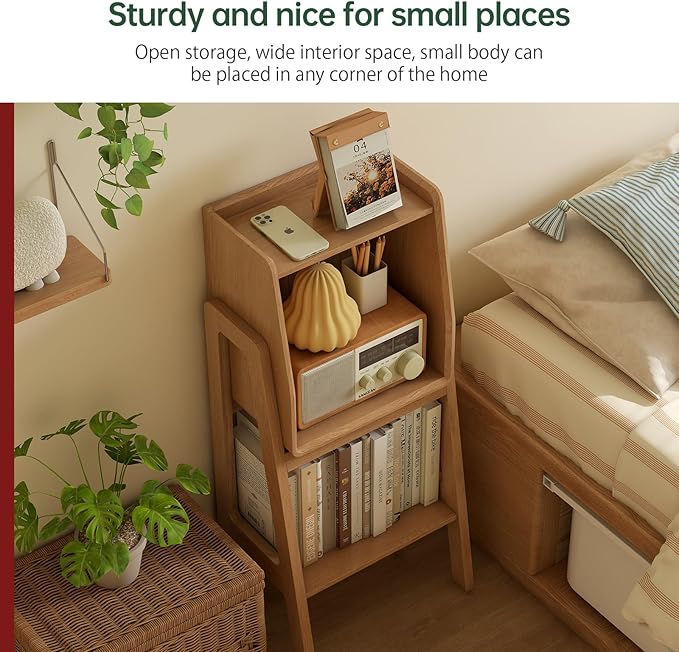 100% Solid Oak Ladder Shelf with Cabinet, 32.67" Tall Nightstand with Stable Frame for Bedroom, Small Bookcase for Living Room Nursery(Natural, Fully Assembly Furniture)