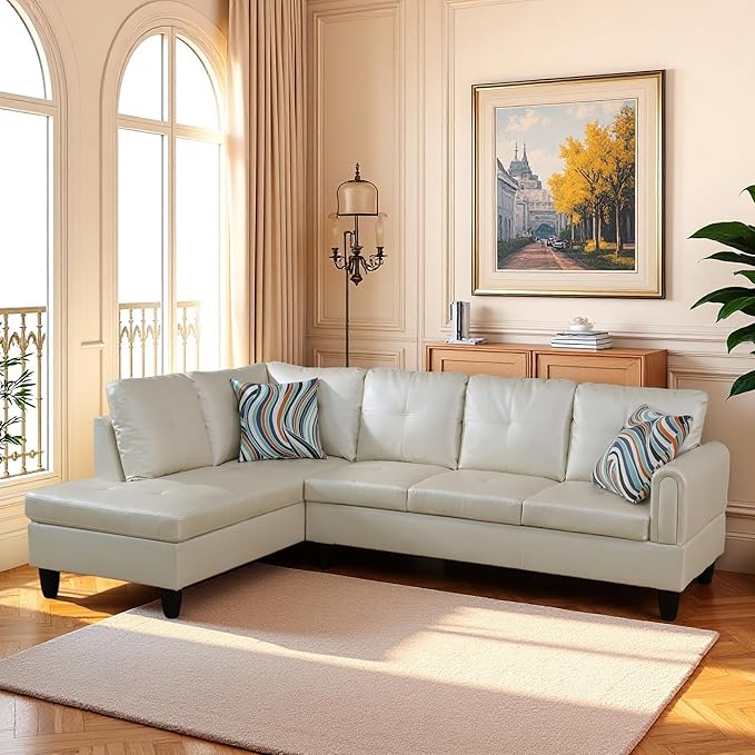 L Shaped Couch Sectional Couches with Chaise, 3 Pieces Modular Convertible Sofa for Living Room Furniture Sets and Small Apartment Faux Leather, Pearl White