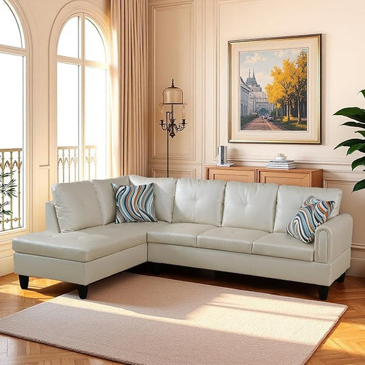 L Shaped Couch Sectional Couches with Chaise, 3 Pieces Modular Convertible Sofa for Living Room Furniture Sets and Small Apartment Faux Leather, Pearl White