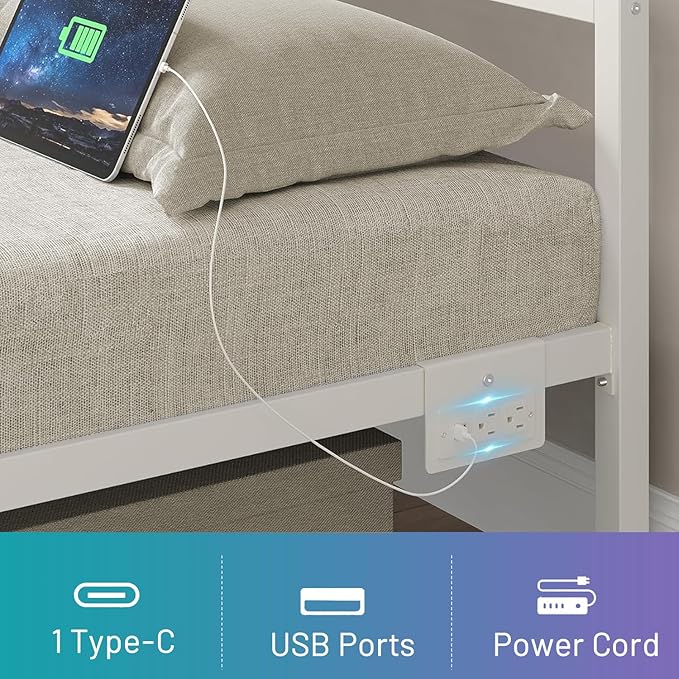 Full Size Bed Frame with Headboard,Heavy Duty Steel Slats Support-LED Bed Frame with USB Charging Station,Mattress Foundation-Under Bed Storage,No Box Spring Needed,Noise Free,White