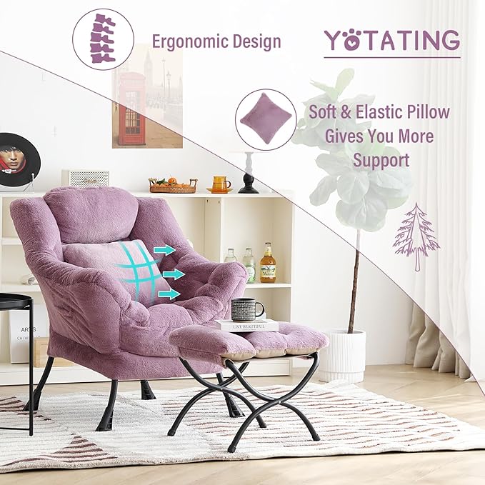 Lazy Chair with Ottoman, Comfy Reading Lounge Chair with Footstool & Throw Pillow Modern with Armrests & Side Pocket for Living Room, Bedroom, Dorm Room, Plush Purple
